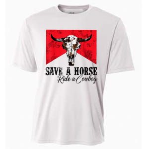 Save A Horse Ride A Cowboy Western Country Rodeo Bull Skull Cooling Performance Crew T-Shirt