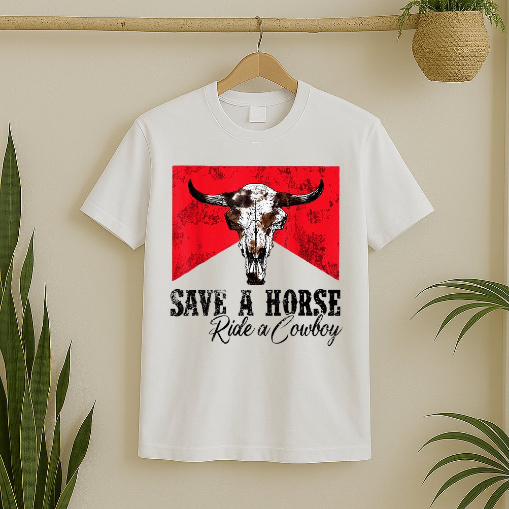 Save A Horse Ride A Cowboy Western Country Rodeo Bull Skull T-Shirt