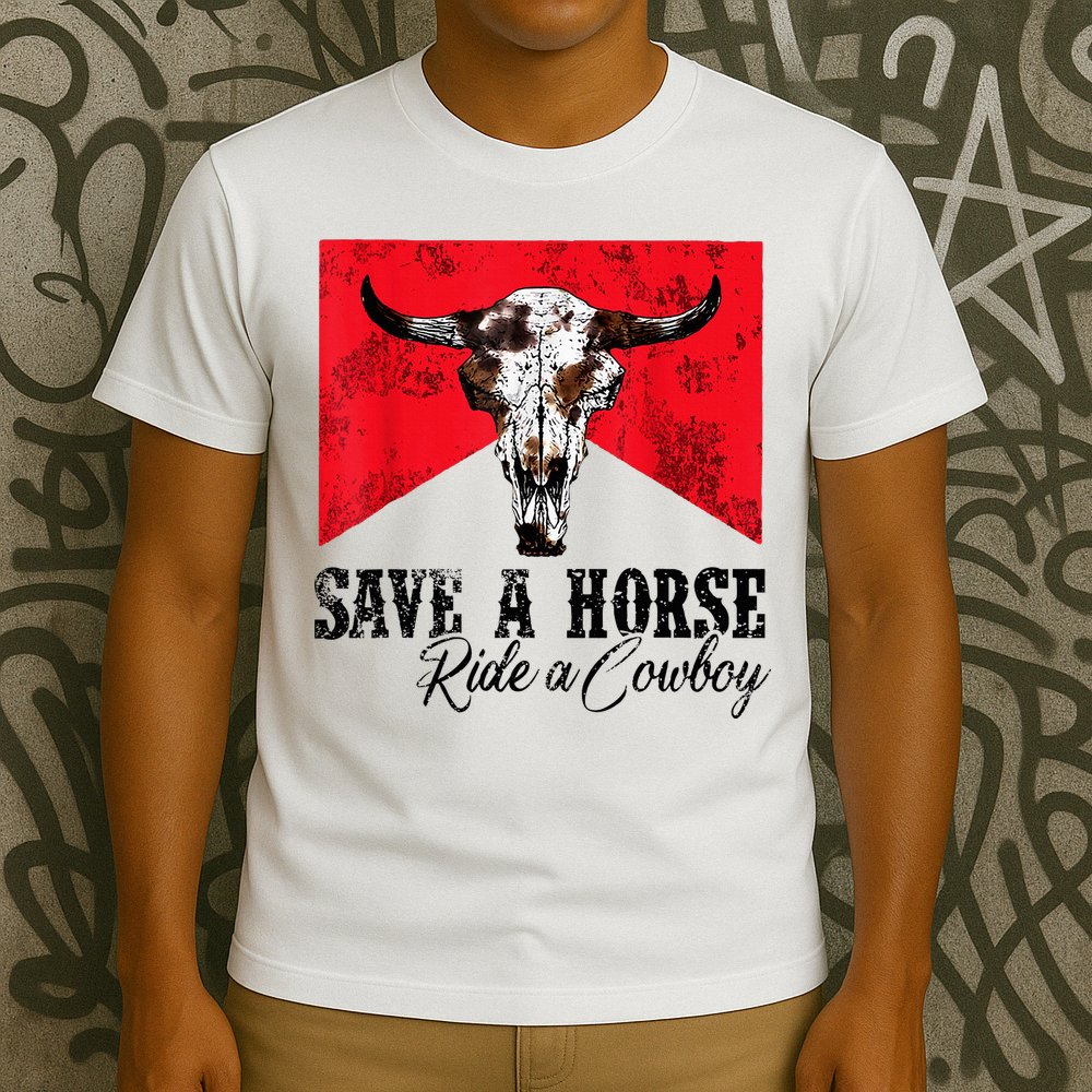 Save A Horse Ride A Cowboy Western Country Rodeo Bull Skull T-Shirt