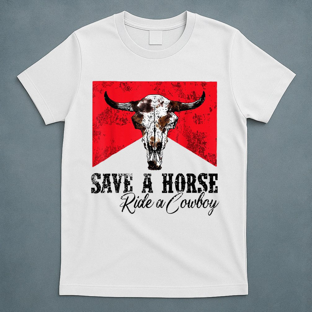 Save A Horse Ride A Cowboy Western Country Rodeo Bull Skull T-Shirt