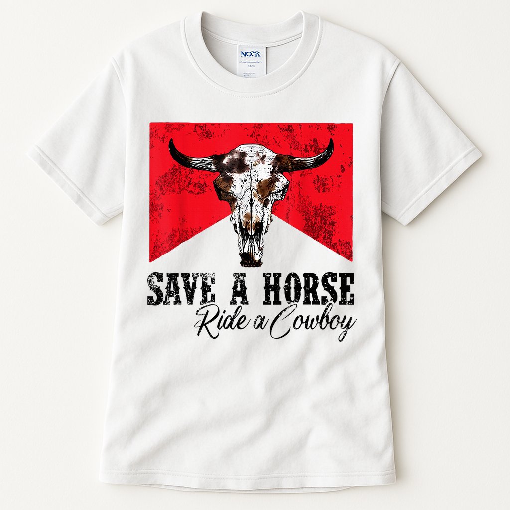 Save A Horse Ride A Cowboy Western Country Rodeo Bull Skull Tall T-Shirt