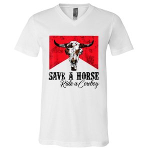 Save A Horse Ride A Cowboy Western Country Rodeo Bull Skull V-Neck T-Shirt