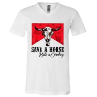 Save A Horse Ride A Cowboy Western Country Rodeo Bull Skull V-Neck T-Shirt