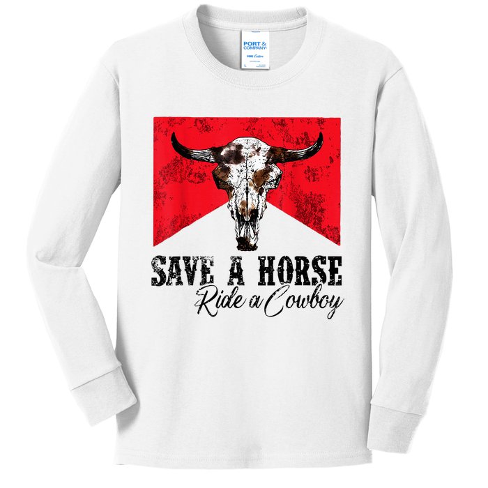 Save A Horse Ride A Cowboy Western Country Rodeo Bull Skull Kids Long Sleeve Shirt