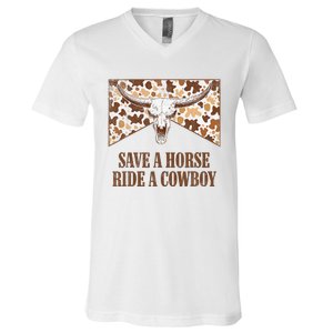 Save A Horse Ride A Cow Bull Skull Leopard Western Rodeo V-Neck T-Shirt