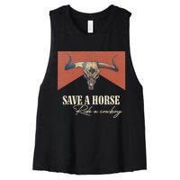 Save A Horse Ride A Cow Vintage Western Bull Skull Women's Racerback Cropped Tank