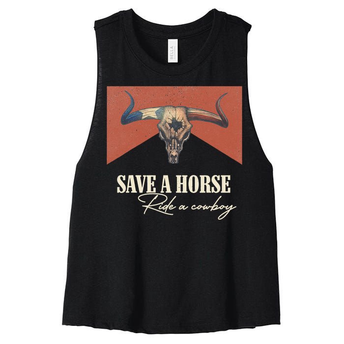 Save A Horse Ride A Cow Vintage Western Bull Skull Women's Racerback Cropped Tank