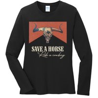 Save A Horse Ride A Cow Vintage Western Bull Skull Ladies Long Sleeve Shirt