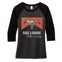 Save A Horse Ride A Cow Vintage Western Bull Skull Women's Tri-Blend 3/4-Sleeve Raglan Shirt