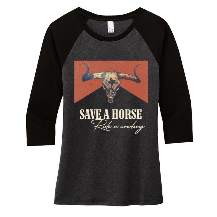 Save A Horse Ride A Cow Vintage Western Bull Skull Women's Tri-Blend 3/4-Sleeve Raglan Shirt