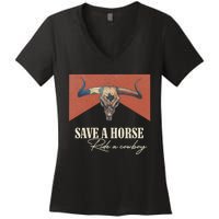 Save A Horse Ride A Cow Vintage Western Bull Skull Women's V-Neck T-Shirt