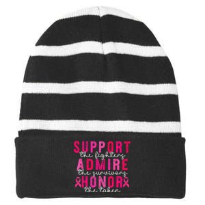 Support Admire Honor Breast Cancer Awareness Warrior Ribbon Striped Beanie with Solid Band