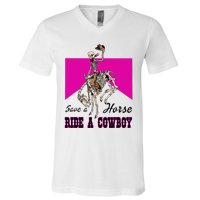 Save A Horse Ride A Cowboy Funny Skeleton Western Pink Women V-Neck T-Shirt