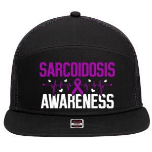 Sarcoidosis Awareness Heartbeat Purple Ribbon Month Support Gift 7 Panel Mesh Trucker Snapback Hat