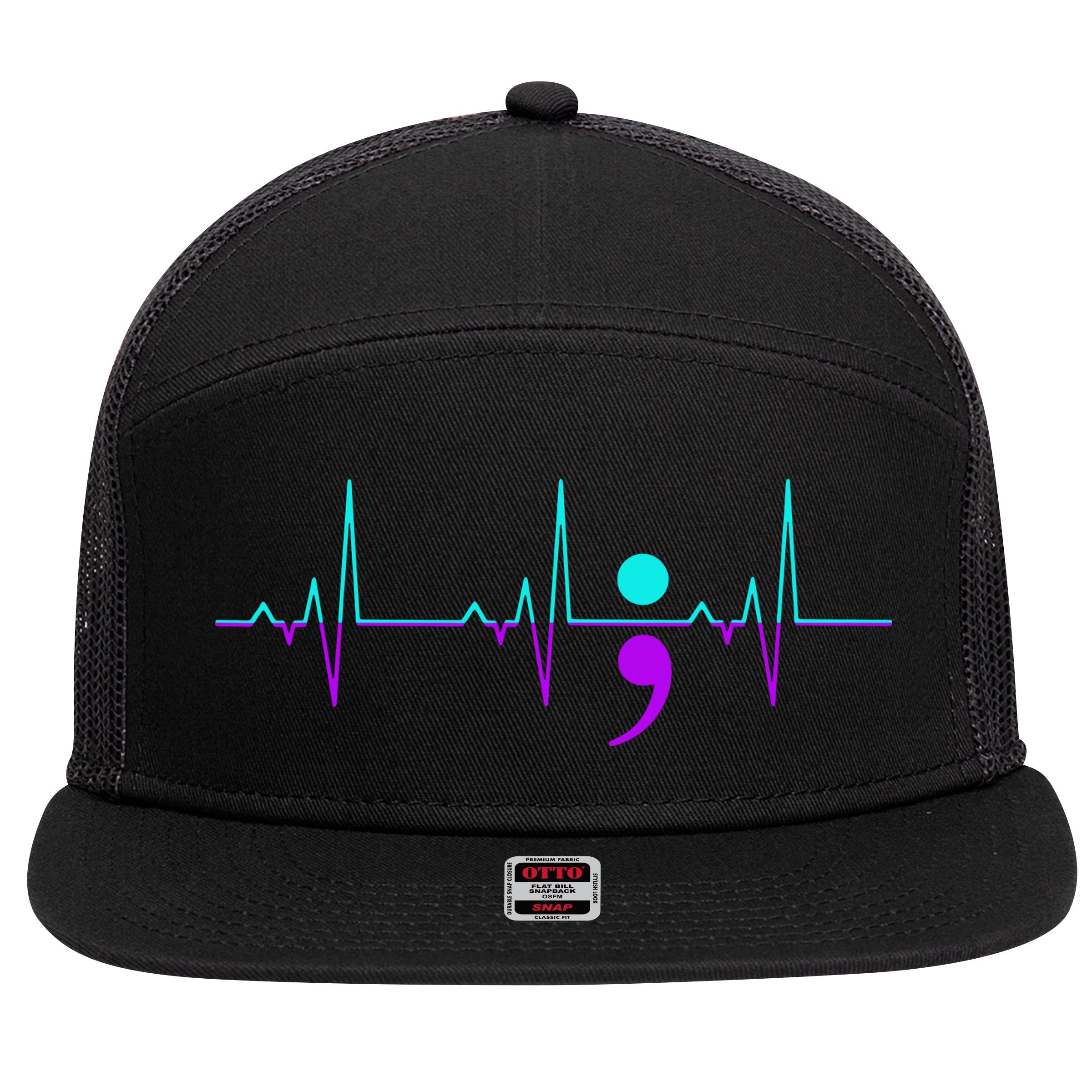 Suicide Awareness Heartbeat Happy Ribbon Support 7 Panel Mesh Trucker Snapback Hat