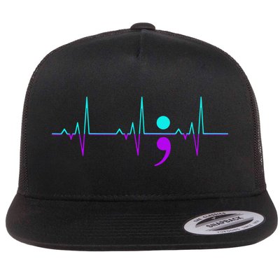 Suicide Awareness Heartbeat Happy Ribbon Support Flat Bill Trucker Hat