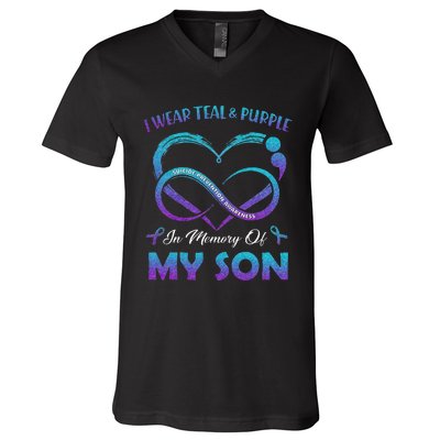 Suicide Awareness I Wear Teal & Purple In Memory Of My Son V-Neck T-Shirt