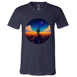 Stargazing Astronaut In Wheat Field Cosmos V-Neck T-Shirt