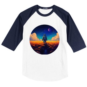 Stargazing Astronaut In Wheat Field Cosmos Baseball Sleeve Shirt