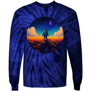 Stargazing Astronaut In Wheat Field Cosmos Tie-Dye Long Sleeve Shirt