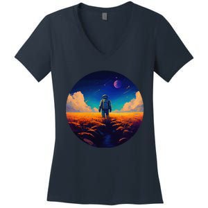 Stargazing Astronaut In Wheat Field Cosmos Women's V-Neck T-Shirt