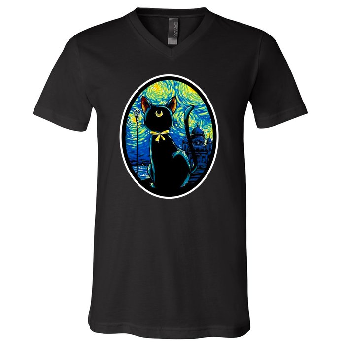 Sailor Moon Cat Starry Night Van Gogh V-Neck T-Shirt