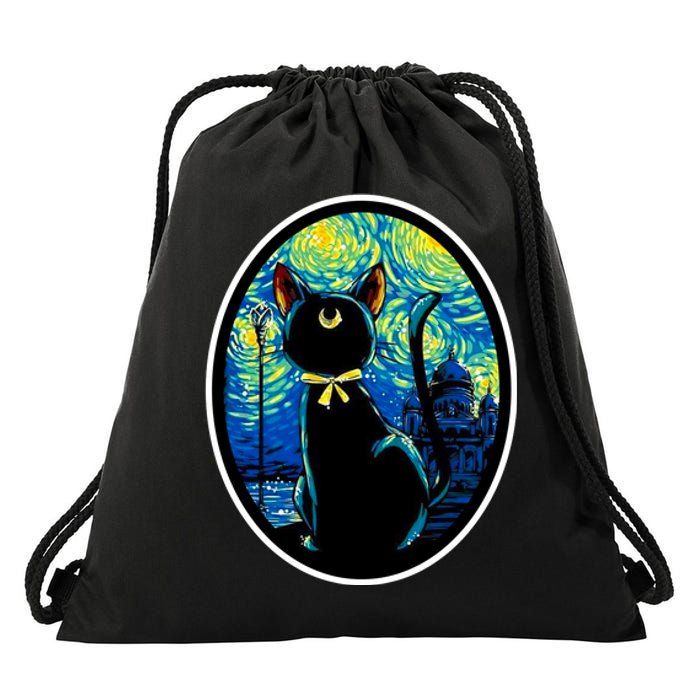 Sailor Moon Cat Starry Night Van Gogh Drawstring Bag