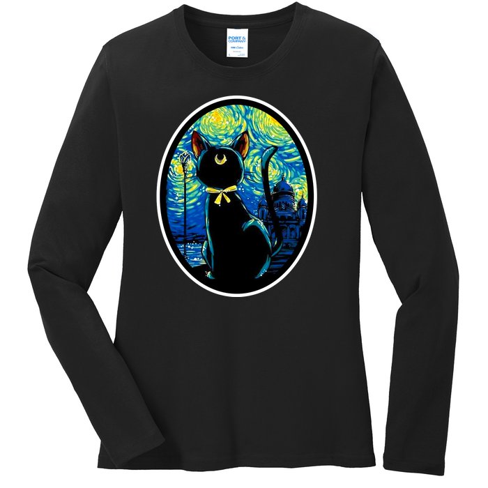 Sailor Moon Cat Starry Night Van Gogh Ladies Long Sleeve Shirt