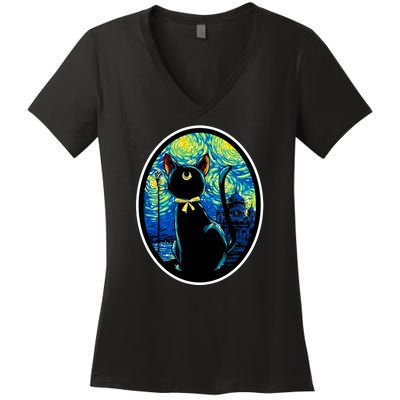 Sailor Moon Cat Starry Night Van Gogh Women's V-Neck T-Shirt