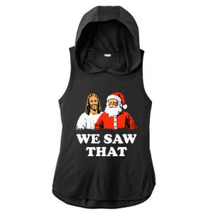 Santa And Jesus We Saw That Merry Christmas Funny Christian Ladies PosiCharge Tri-Blend Wicking Draft Hoodie Tank