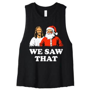 Santa And Jesus We Saw That Merry Christmas Funny Christian Women's Racerback Cropped Tank