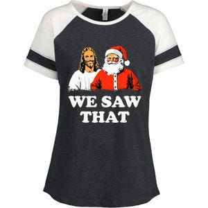 Santa And Jesus We Saw That Merry Christmas Funny Christian Enza Ladies Jersey Colorblock Tee