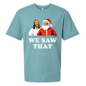 Santa And Jesus We Saw That Merry Christmas Funny Christian Sueded Cloud Jersey T-Shirt