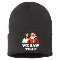 Santa And Jesus We Saw That Merry Christmas Funny Christian Sustainable Knit Beanie