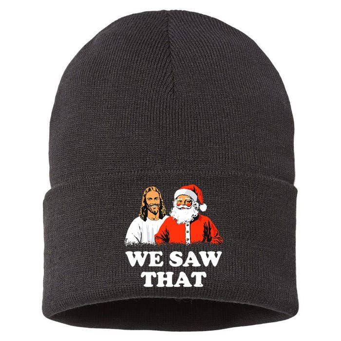 Santa And Jesus We Saw That Merry Christmas Funny Christian Sustainable Knit Beanie