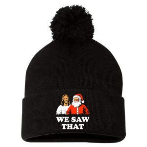 Santa And Jesus We Saw That Merry Christmas Funny Christian Pom Pom 12in Knit Beanie