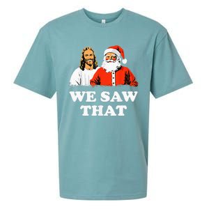 Santa And Jesus We Saw That Merry Christmas Funny Christian Sueded Cloud Jersey T-Shirt