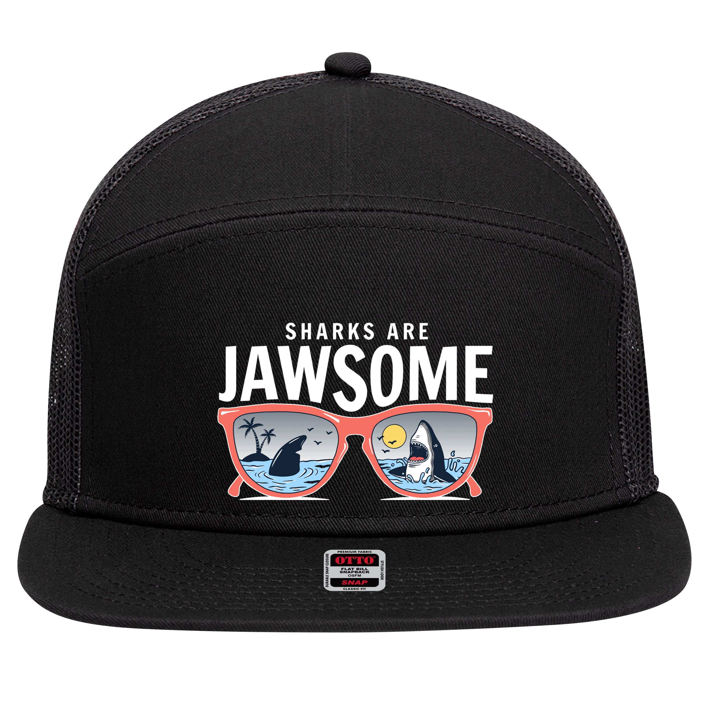 Sharks Are Jawsome Sunglasses Beach Ocean Week 7 Panel Mesh Trucker Snapback Hat