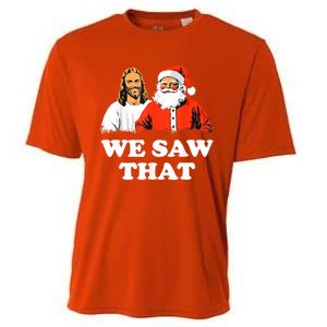 Santa And Jesus We Saw That Merry Christmas Funny Christian Cute Gift Cooling Performance Crew T-Shirt