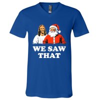 Santa And Jesus We Saw That Merry Christmas Funny Christian Cute Gift V-Neck T-Shirt