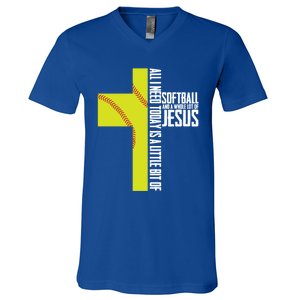 Softball And Jesus Gift Sport Religious V-Neck T-Shirt