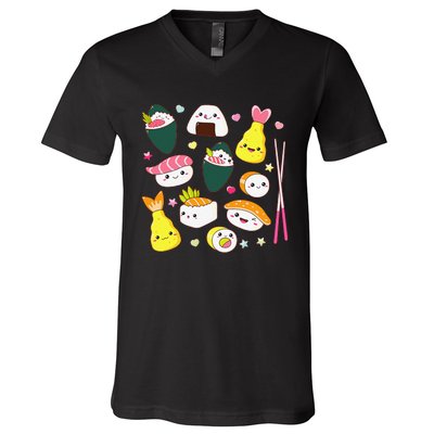 Sushi Anime Kawaii Set Japanese Food Lover  V-Neck T-Shirt