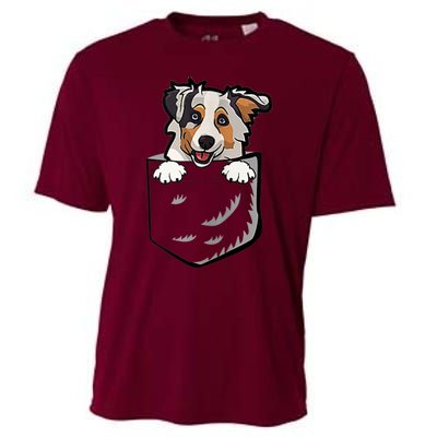 S Adorable Little Australian Shepherd Dog In The Pocket Vneck Cooling Performance Crew T-Shirt