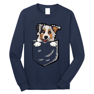 S Adorable Little Australian Shepherd Dog In The Pocket Vneck Long Sleeve Shirt