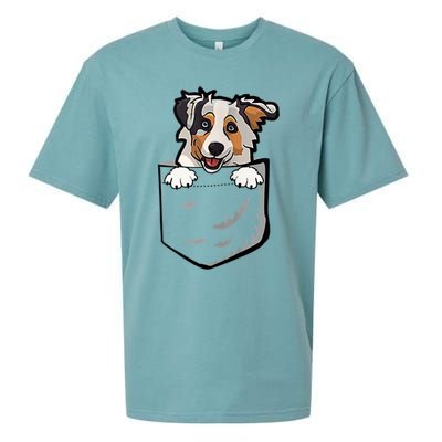 S Adorable Little Australian Shepherd Dog In The Pocket Vneck Sueded Cloud Jersey T-Shirt