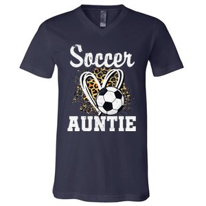 Soccer Auntie Leopard Heart V-Neck T-Shirt