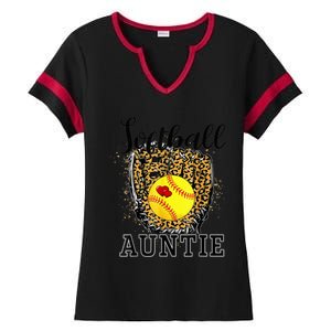 Softball Auntie Leopard Game Day Aunt Mother Ladies Halftime Notch Neck Tee