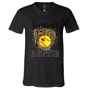 Softball Auntie Leopard Game Day Aunt Mother V-Neck T-Shirt