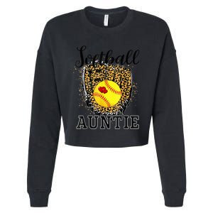 Softball Auntie Leopard Game Day Aunt Mother Cropped Pullover Crew