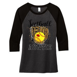 Softball Auntie Leopard Game Day Aunt Mother Women's Tri-Blend 3/4-Sleeve Raglan Shirt